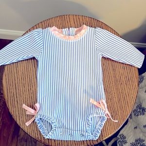 Like new.  0-3 Ruffle Butts swimsuit